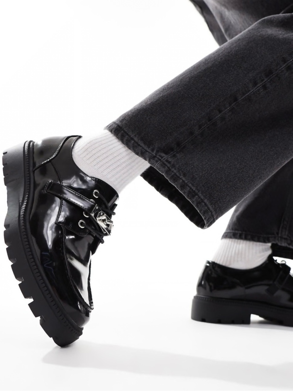 ASOS Black Patent Leather Lug Sole Slip-On Loafers Size 12 - Picture 7 of 16